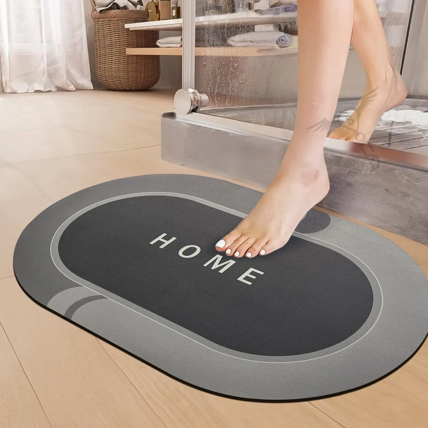 1 Piece Anti-Skid Water Soaking Oval Home Print Rubber Mat, Water Absorbent Mat (40x60cm) (Grey)