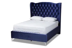 Anna Purple Blue Velvet Fabric Upholstered Wingback Bed (King)