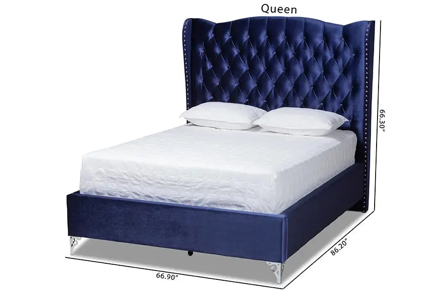 Anna Purple Blue Velvet Fabric Upholstered Wingback Bed (King)