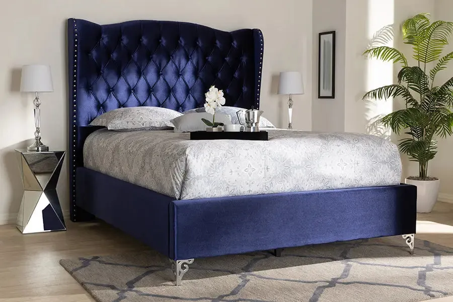 Anna Purple Blue Velvet Fabric Upholstered Wingback Bed (King)