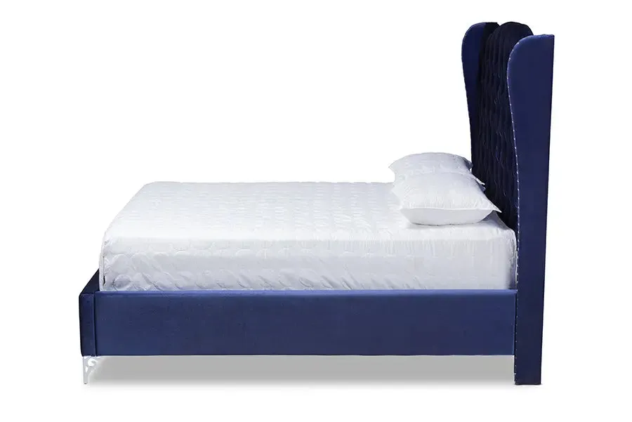 Anna Purple Blue Velvet Fabric Upholstered Wingback Bed (King)