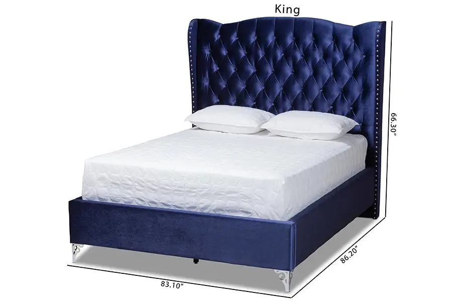 Anna Purple Blue Velvet Fabric Upholstered Wingback Bed (King)