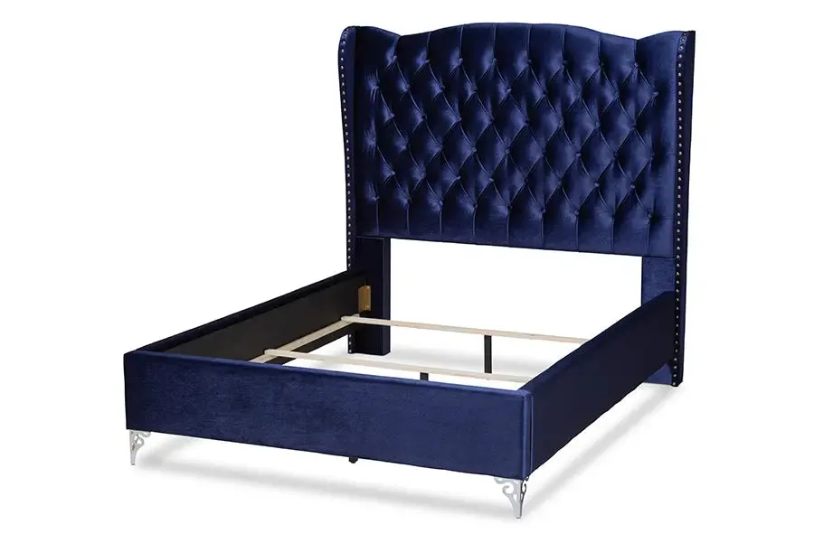 Anna Purple Blue Velvet Fabric Upholstered Wingback Bed (King)
