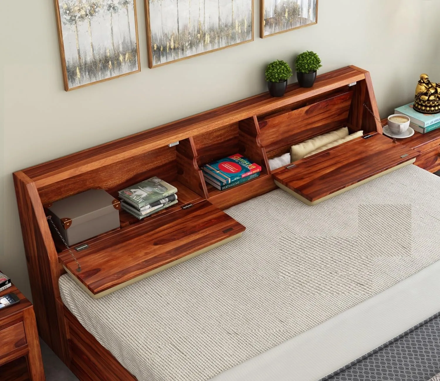 BHAGWANT Rosewood (Sheesham) Queen Size Bed | Honey Finish DIY Bed with Cushion Upholstered (83.82x203.2x162.56 Cm)