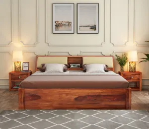 BHAGWANT Rosewood (Sheesham) Queen Size Bed | Honey Finish DIY Bed with Cushion Upholstered (83.82x203.2x162.56 Cm)