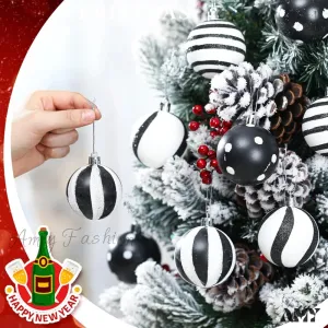Black and White Christmas Ball Ornaments - Fresh Style, Set of 12
