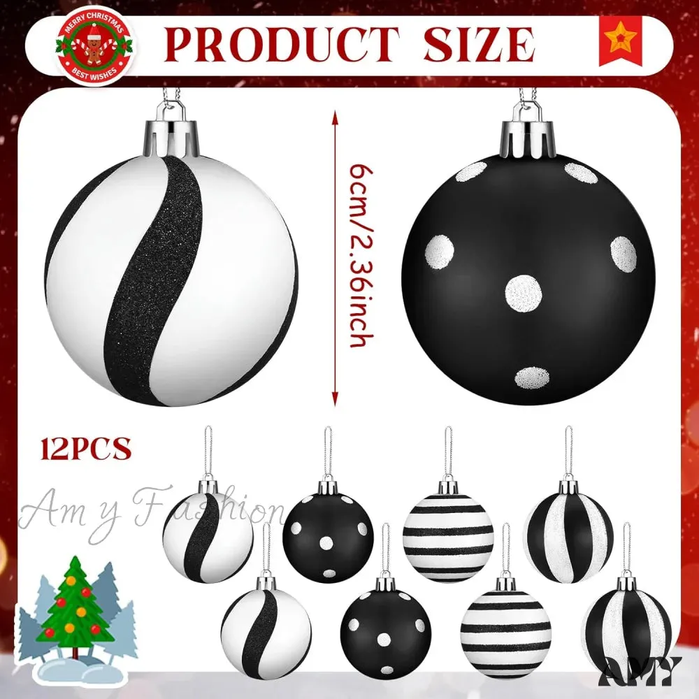 Black and White Christmas Ball Ornaments - Fresh Style, Set of 12