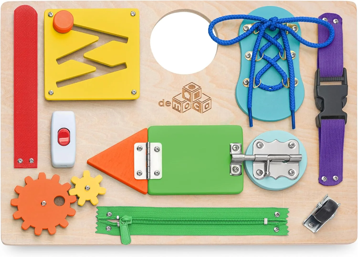 deMoca Montessori Busy Board for Toddlers, Kids Sensory Toy Wooden Activity Board with 10 Preschool Educational Activities to Develop Fine Motor Skills, Travel Toy, Boys & Girls Gift