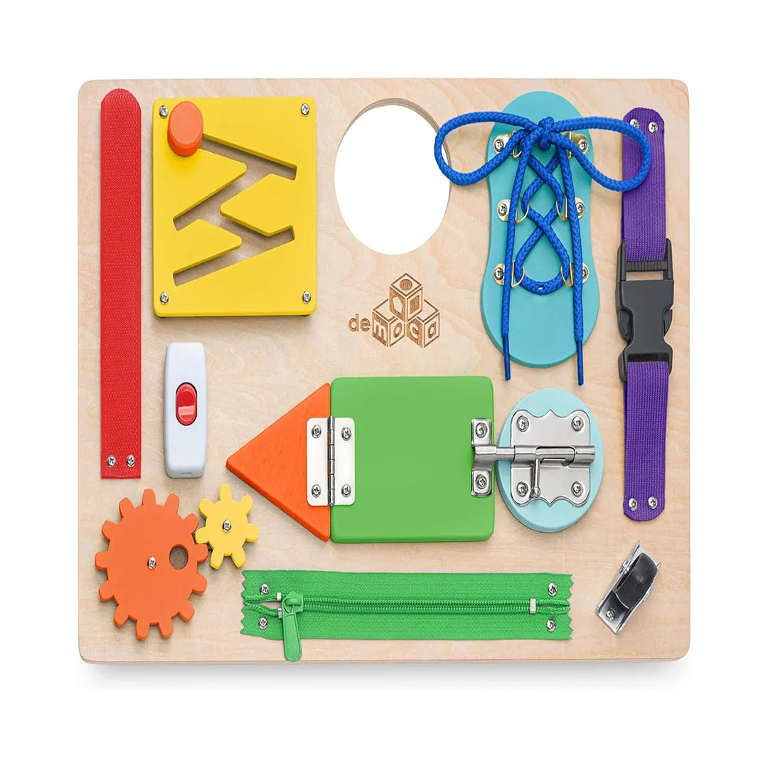 deMoca Montessori Busy Board for Toddlers, Kids Sensory Toy Wooden Activity Board with 10 Preschool Educational Activities to Develop Fine Motor Skills, Travel Toy, Boys & Girls Gift