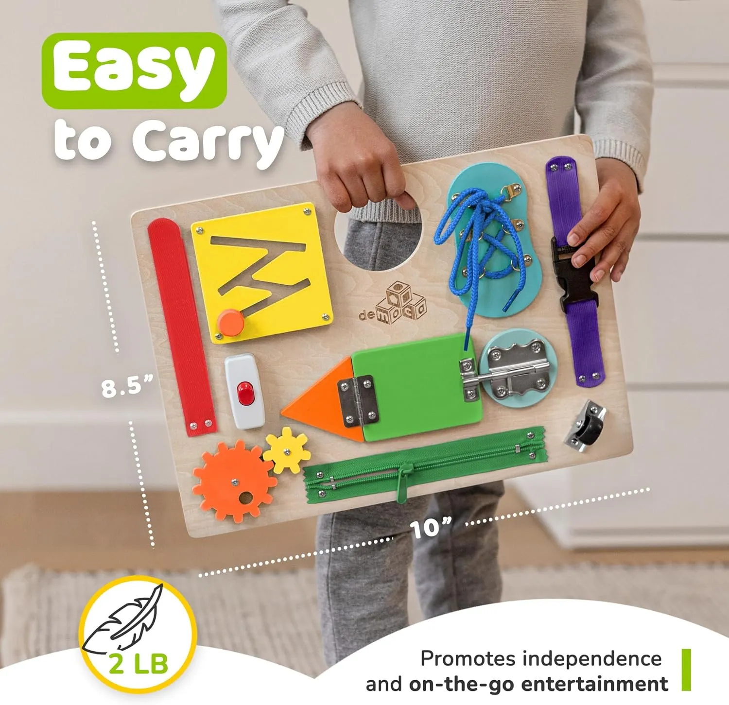 deMoca Montessori Busy Board for Toddlers, Kids Sensory Toy Wooden Activity Board with 10 Preschool Educational Activities to Develop Fine Motor Skills, Travel Toy, Boys & Girls Gift