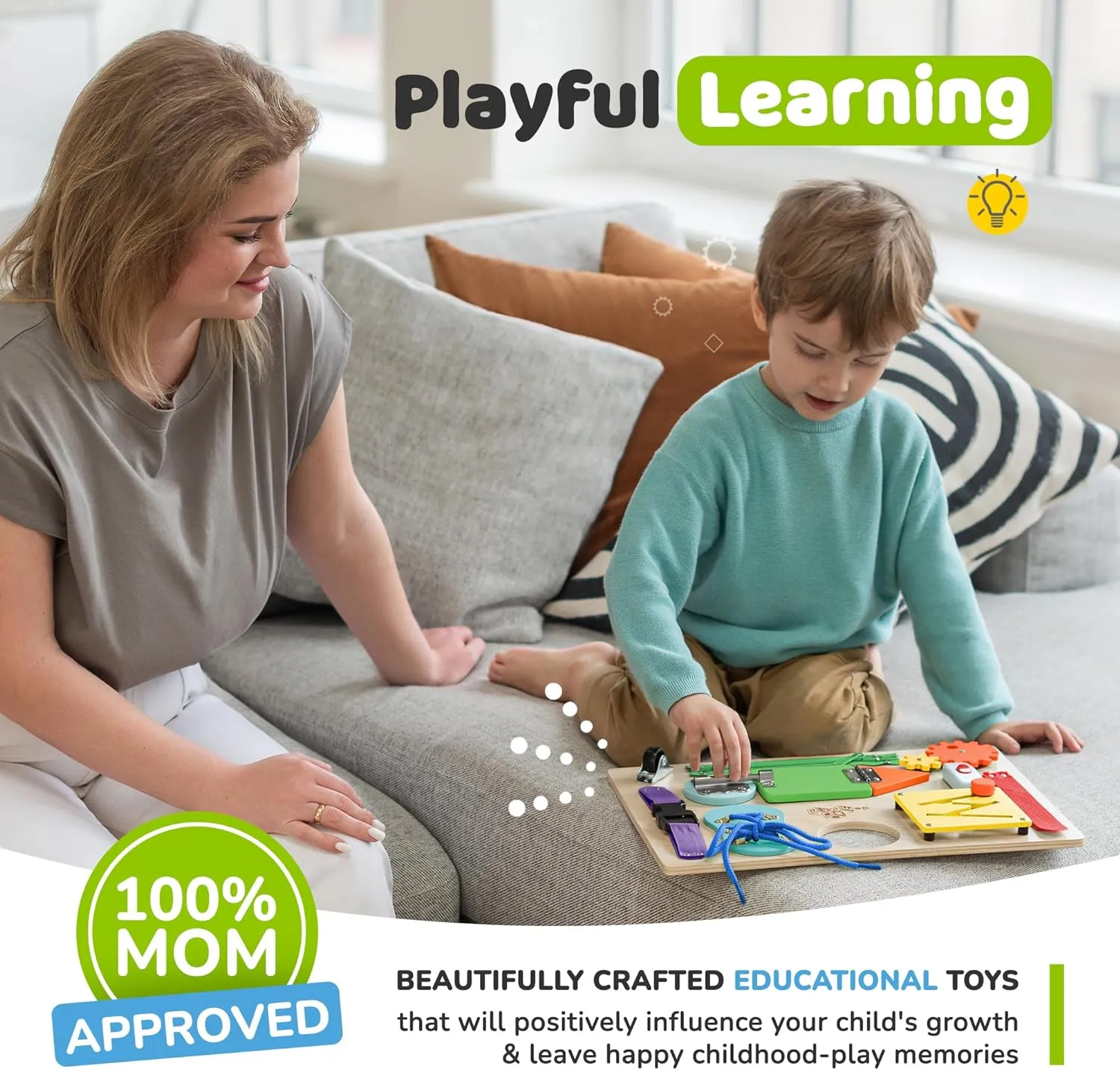 deMoca Montessori Busy Board for Toddlers, Kids Sensory Toy Wooden Activity Board with 10 Preschool Educational Activities to Develop Fine Motor Skills, Travel Toy, Boys & Girls Gift