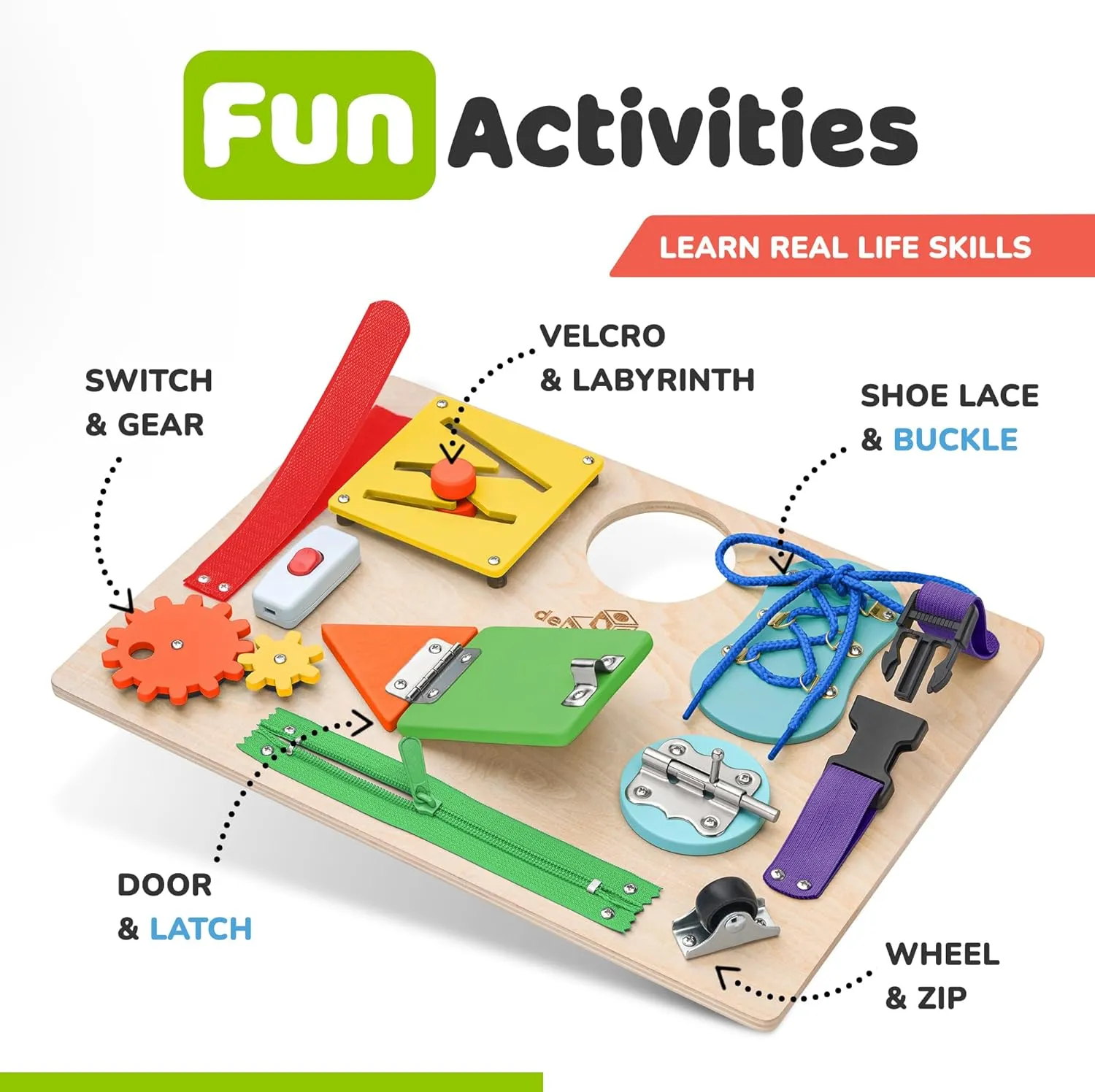 deMoca Montessori Busy Board for Toddlers, Kids Sensory Toy Wooden Activity Board with 10 Preschool Educational Activities to Develop Fine Motor Skills, Travel Toy, Boys & Girls Gift