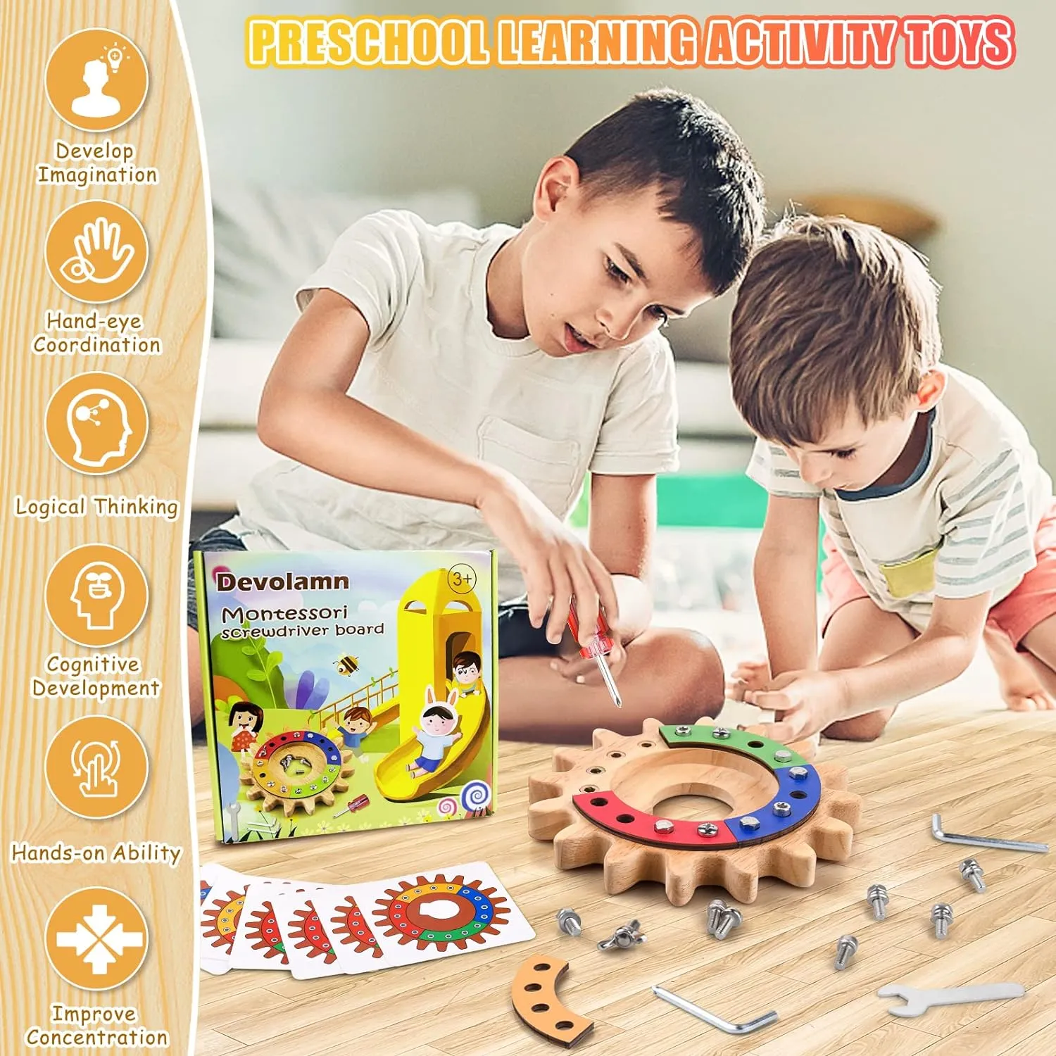 Devolamn Toddler Toys, Wooden Toys, Montessori Toys for 3 4 5, 35 in 1 Wooden Montessori Screwdriver Board Set, Learning Sensory Bin Toys Preschool Toys, Fine Motor Skills Toys (20CM)