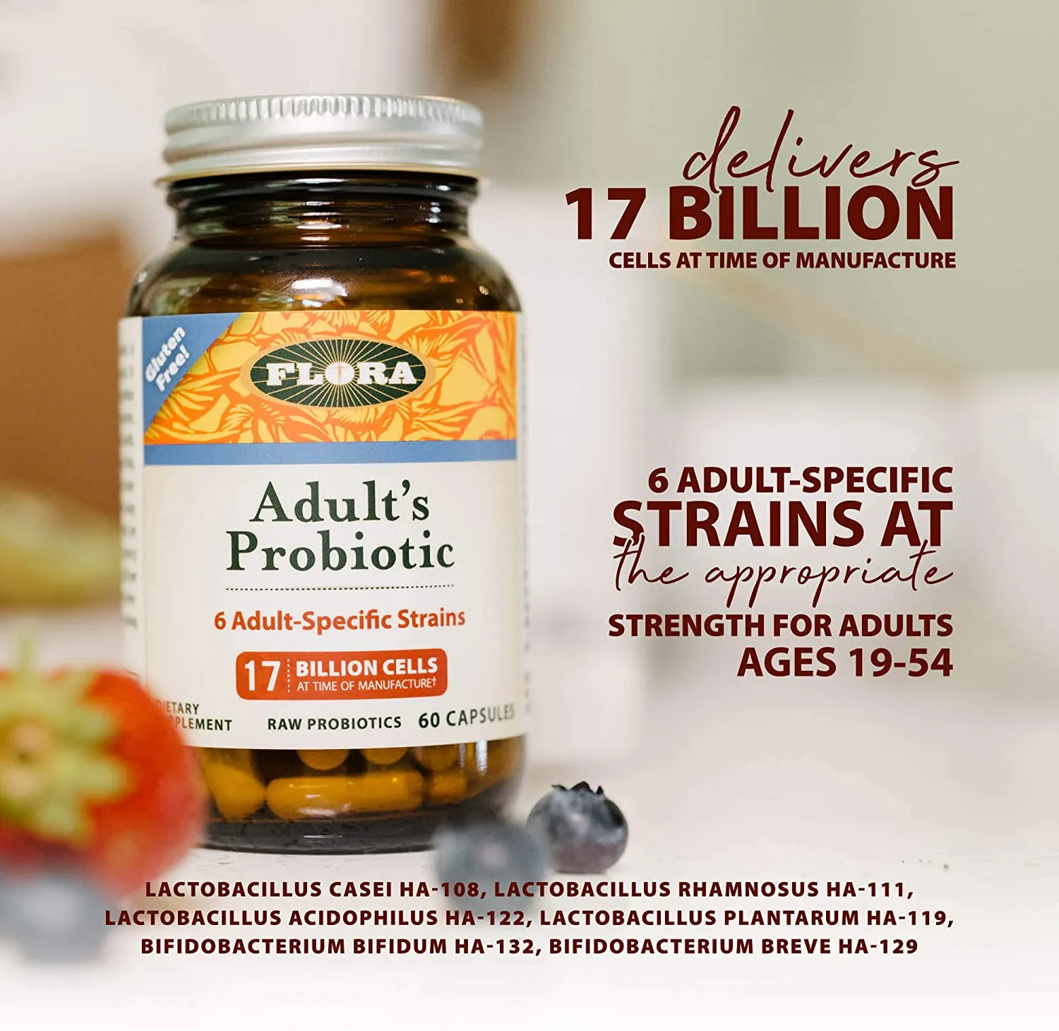 Flora, Adult's Probiotic Blend, Six Adult-Specific Strains, Gluten Free, Raw Probiotic with 17 Billion Cells, 120 Vegetarian Capsules