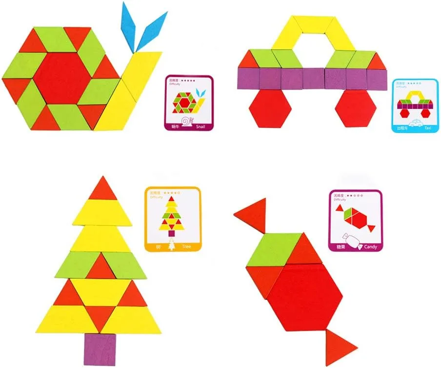 GEMEM 155 Pcs Wooden Pattern Blocks Set Geometric Shape Puzzle Kindergarten Classic Educational Montessori Tangram Toys for Kids Ages 4-8 with 24 Pcs Design Cards