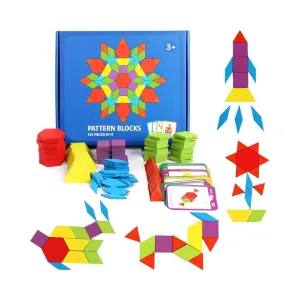 GEMEM 155 Pcs Wooden Pattern Blocks Set Geometric Shape Puzzle Kindergarten Classic Educational Montessori Tangram Toys for Kids Ages 4-8 with 24 Pcs Design Cards