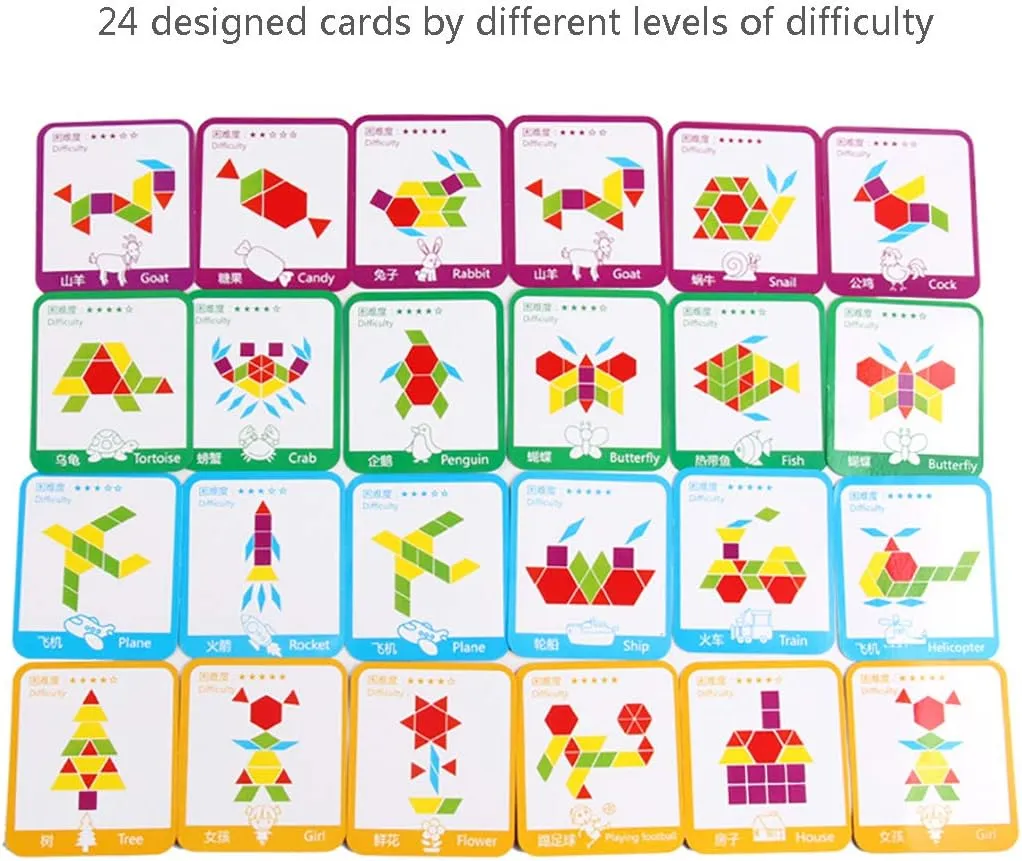 GEMEM 155 Pcs Wooden Pattern Blocks Set Geometric Shape Puzzle Kindergarten Classic Educational Montessori Tangram Toys for Kids Ages 4-8 with 24 Pcs Design Cards