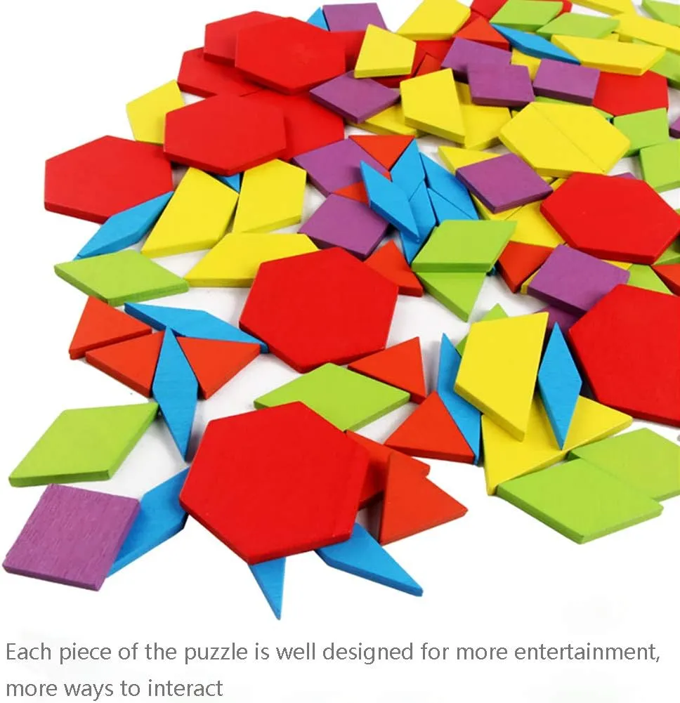 GEMEM 155 Pcs Wooden Pattern Blocks Set Geometric Shape Puzzle Kindergarten Classic Educational Montessori Tangram Toys for Kids Ages 4-8 with 24 Pcs Design Cards