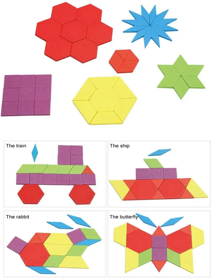 GEMEM 155 Pcs Wooden Pattern Blocks Set Geometric Shape Puzzle Kindergarten Classic Educational Montessori Tangram Toys for Kids Ages 4-8 with 24 Pcs Design Cards
