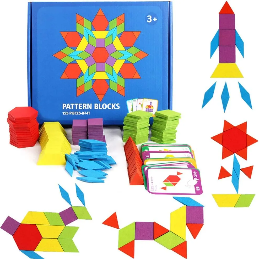 GEMEM 155 Pcs Wooden Pattern Blocks Set Geometric Shape Puzzle Kindergarten Classic Educational Montessori Tangram Toys for Kids Ages 4-8 with 24 Pcs Design Cards
