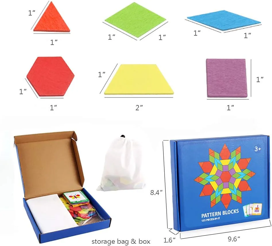 GEMEM 155 Pcs Wooden Pattern Blocks Set Geometric Shape Puzzle Kindergarten Classic Educational Montessori Tangram Toys for Kids Ages 4-8 with 24 Pcs Design Cards