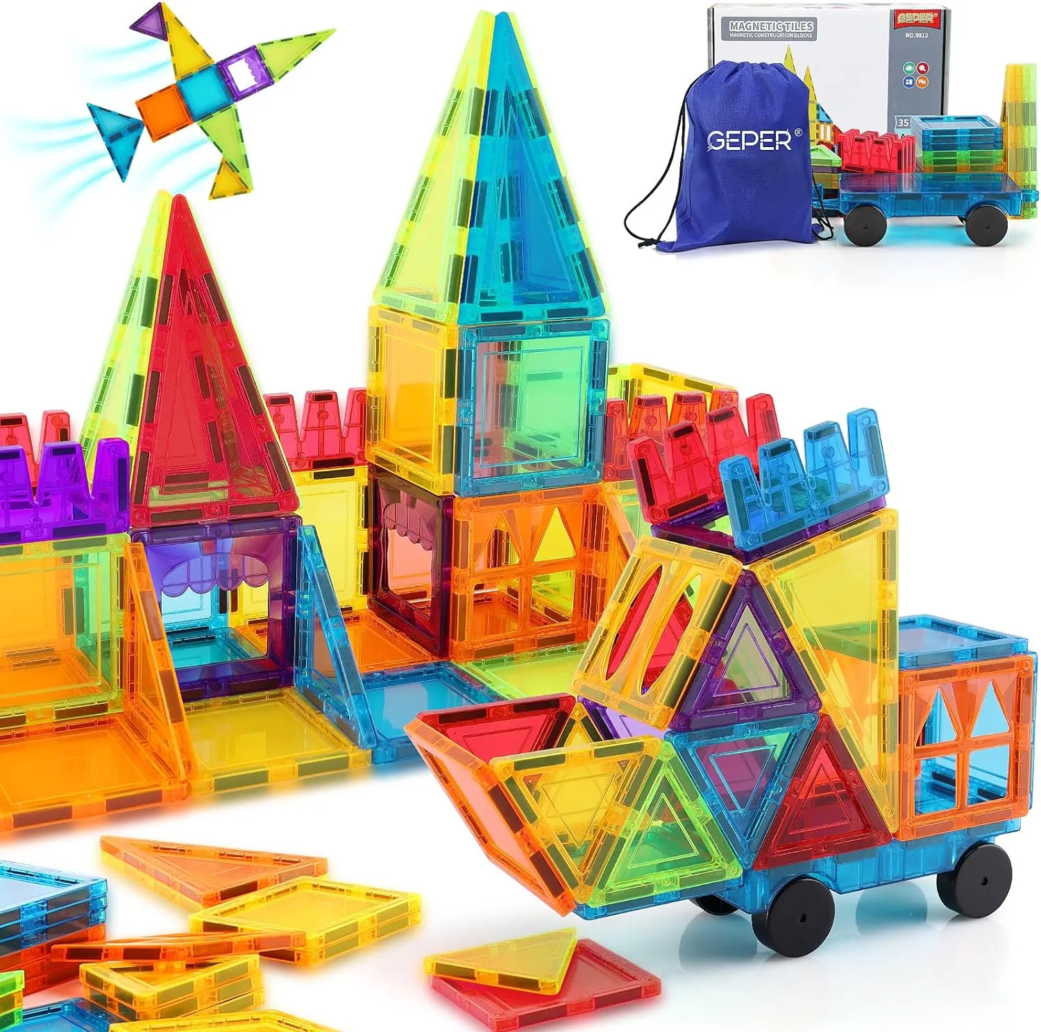 GEPER Magnetic Tiles Kids, Toddler Girls & Boys Age 4-5 6-8, Sensory Toys for Toddler 3-4, Magnet Toys Building Blocks, STEM Preschool Learning Montessori Toys for 3  Year Old
