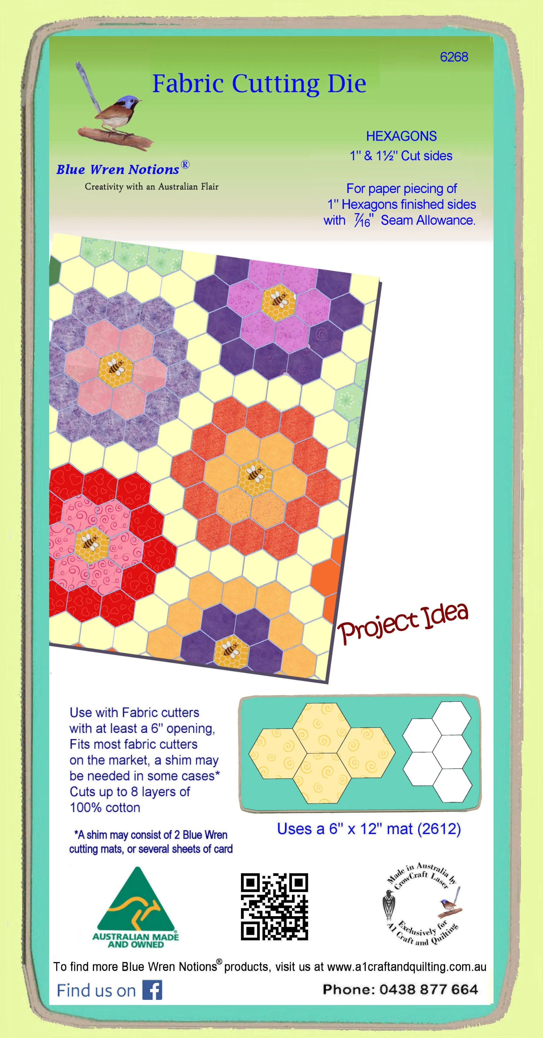 Hexagons 1" & 1½" cut sides - for paper piecing, 1" finished sides - 6268 - includes cutting mat