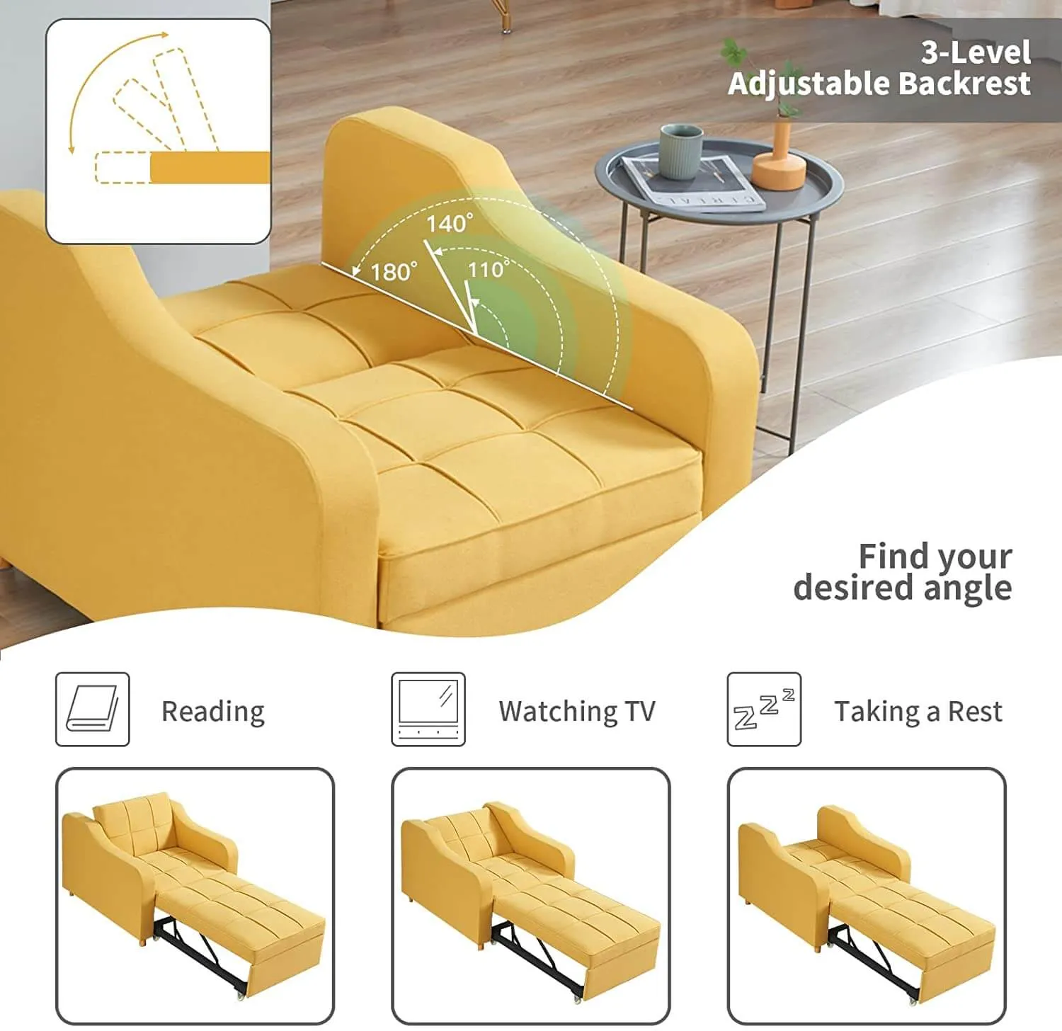 Homrest Upgrade Sofa Bed 3-in-1 Convertible Chair Multi-Functional Sofa Bed Adjustable Recliner(Yellow)