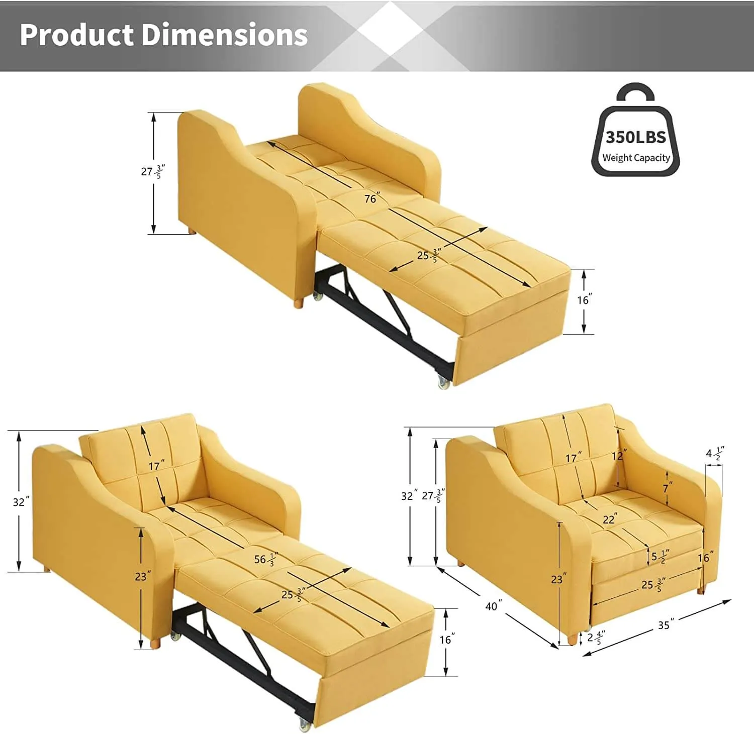 Homrest Upgrade Sofa Bed 3-in-1 Convertible Chair Multi-Functional Sofa Bed Adjustable Recliner(Yellow)