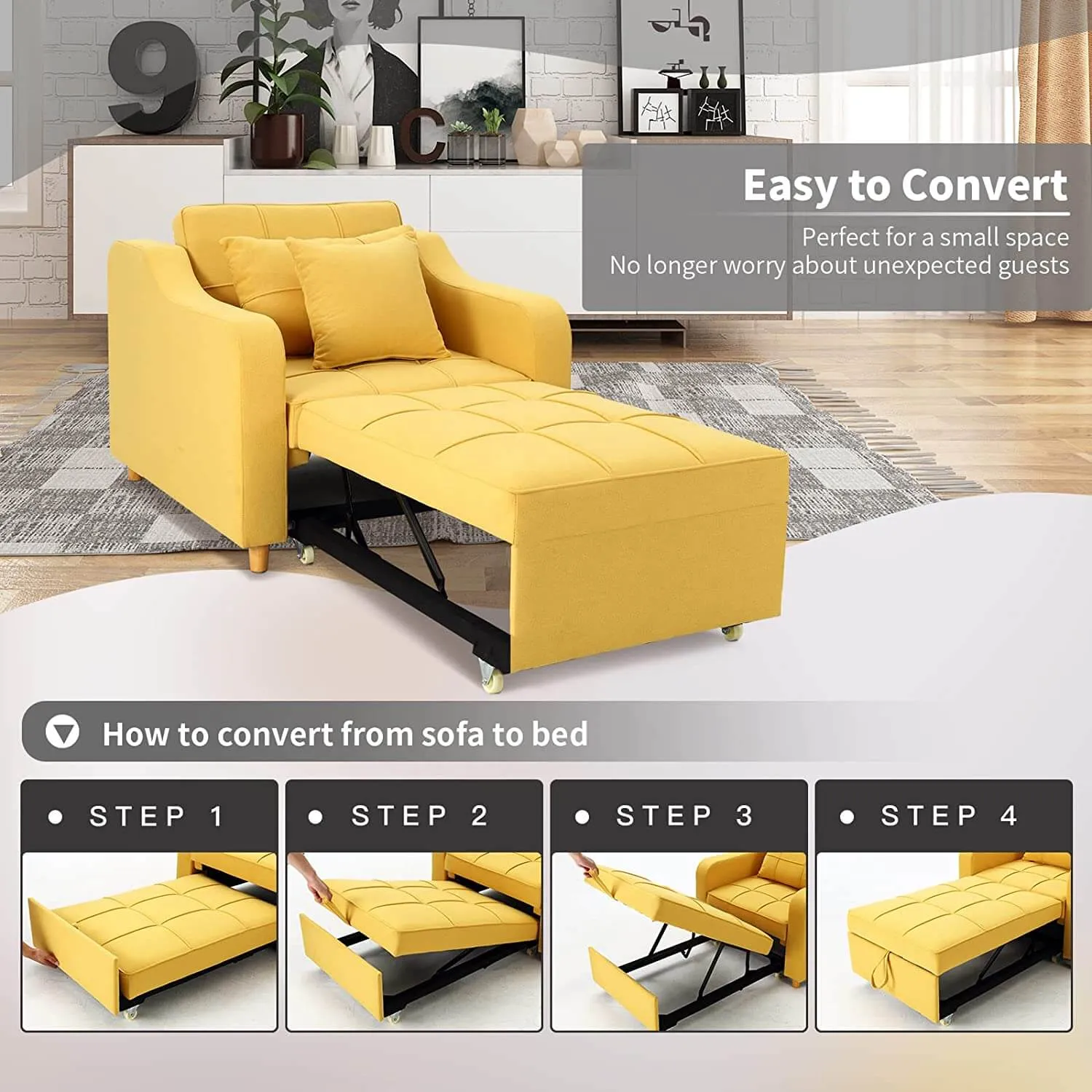 Homrest Upgrade Sofa Bed 3-in-1 Convertible Chair Multi-Functional Sofa Bed Adjustable Recliner(Yellow)