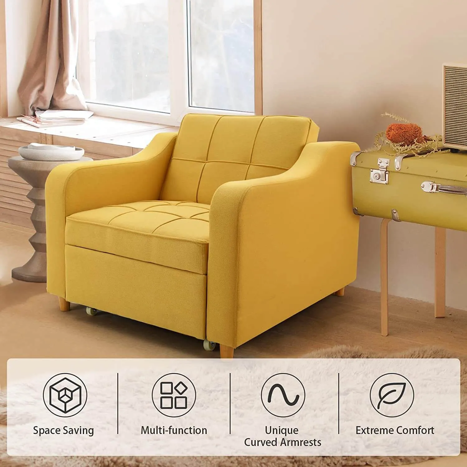 Homrest Upgrade Sofa Bed 3-in-1 Convertible Chair Multi-Functional Sofa Bed Adjustable Recliner(Yellow)