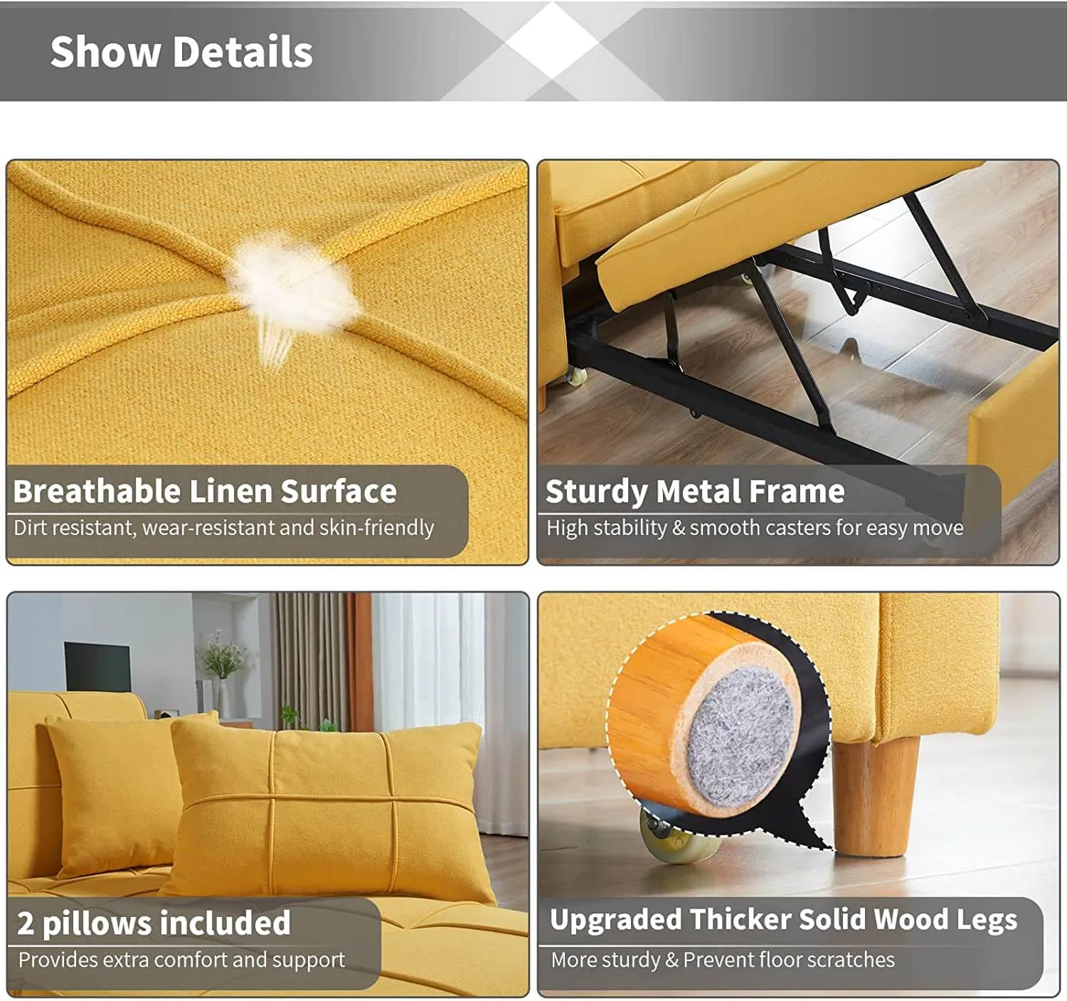 Homrest Upgrade Sofa Bed 3-in-1 Convertible Chair Multi-Functional Sofa Bed Adjustable Recliner(Yellow)