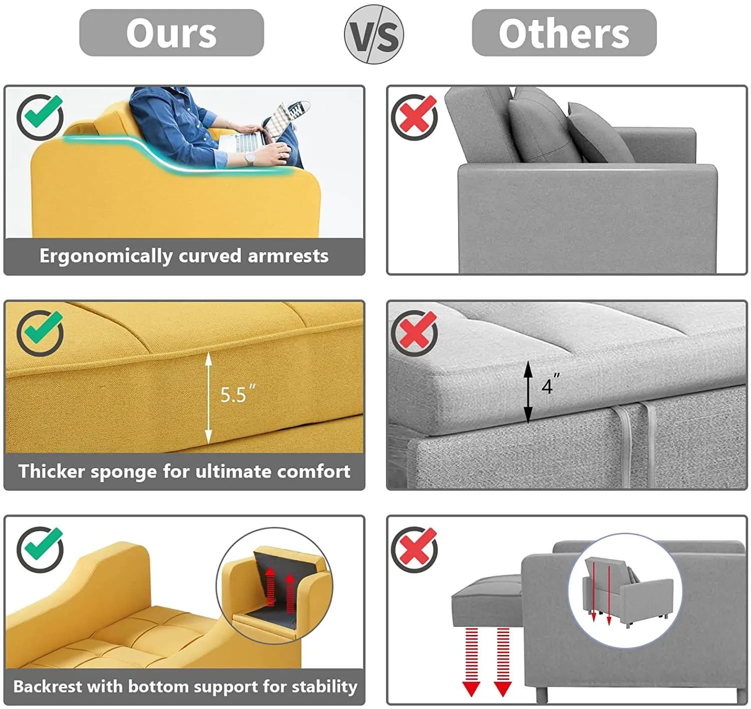 Homrest Upgrade Sofa Bed 3-in-1 Convertible Chair Multi-Functional Sofa Bed Adjustable Recliner(Yellow)