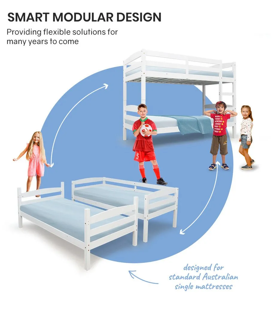 Kids Single Wooden Bunk Bed Frame - White