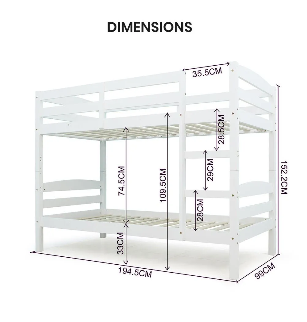 Kids Single Wooden Bunk Bed Frame - White