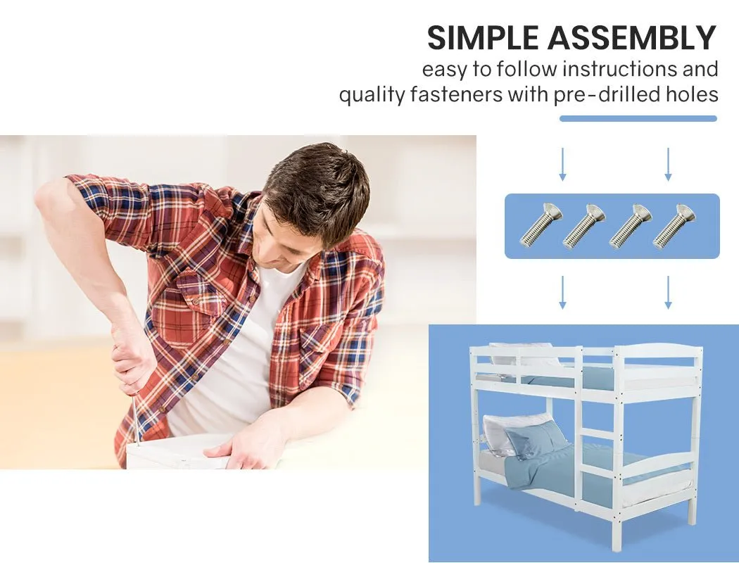 Kids Single Wooden Bunk Bed Frame - White