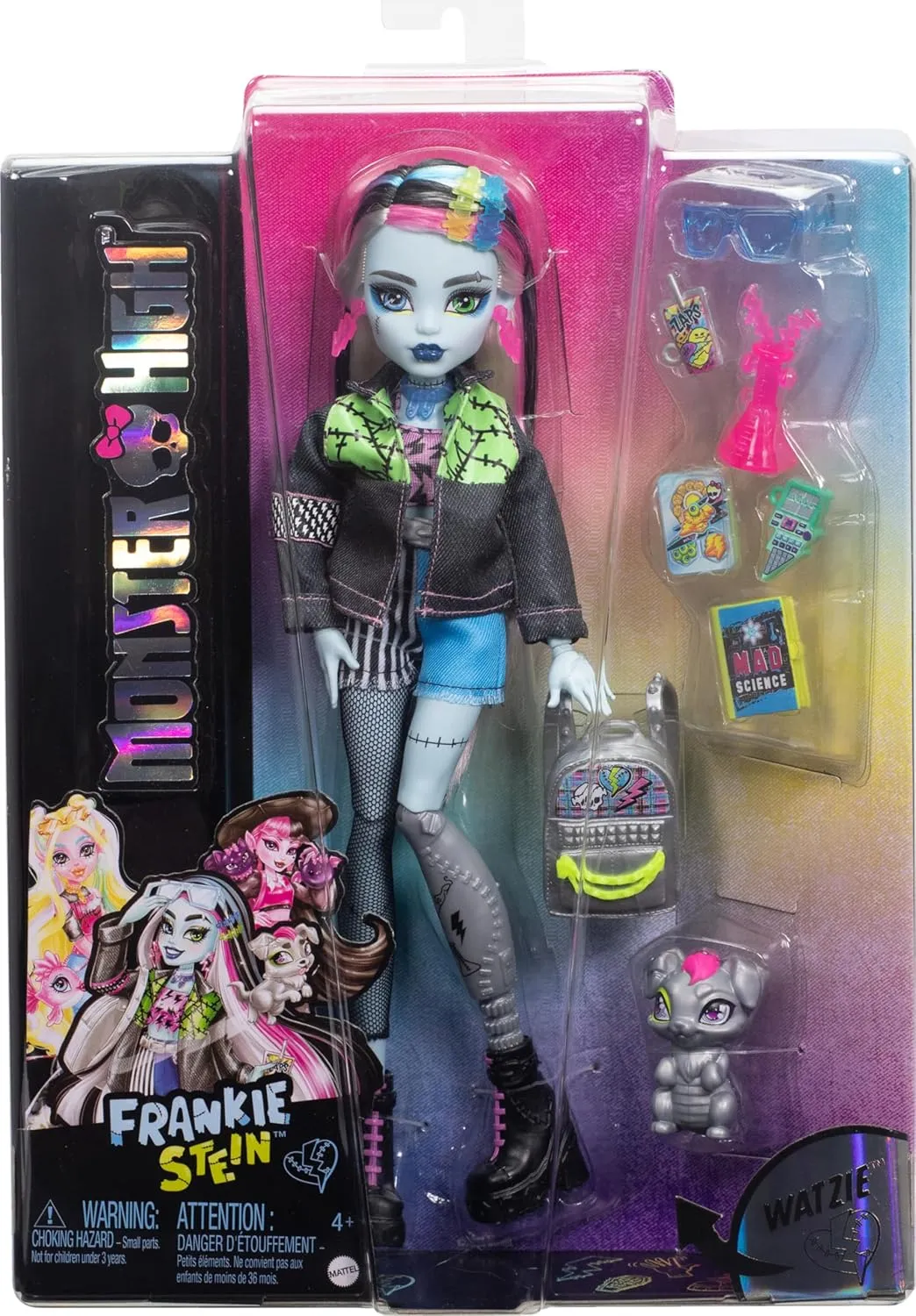 Monster High Frankie Stein Doll in Denim Jacket and Shorts, includes Pet Dog Watzie and Accessories like a Backpack, Snack and Notebook