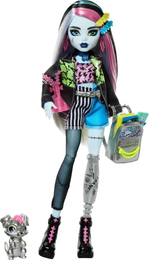 Monster High Frankie Stein Doll in Denim Jacket and Shorts, includes Pet Dog Watzie and Accessories like a Backpack, Snack and Notebook