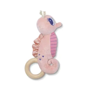 Organic Plush   Wood Teething Rattle - Pink Seahorse