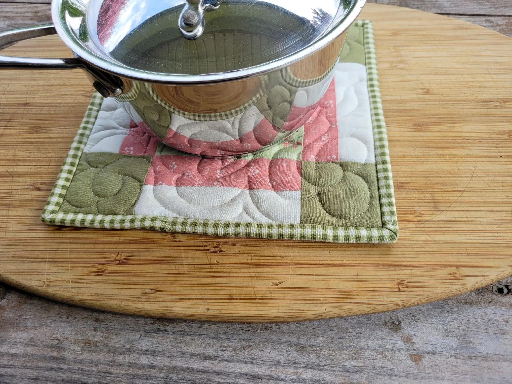 Patchwork Potholder in Green & Pink Cotton Fabric
