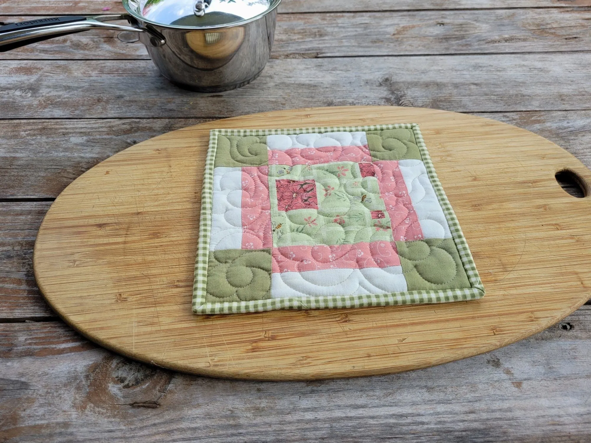 Patchwork Potholder in Green & Pink Cotton Fabric