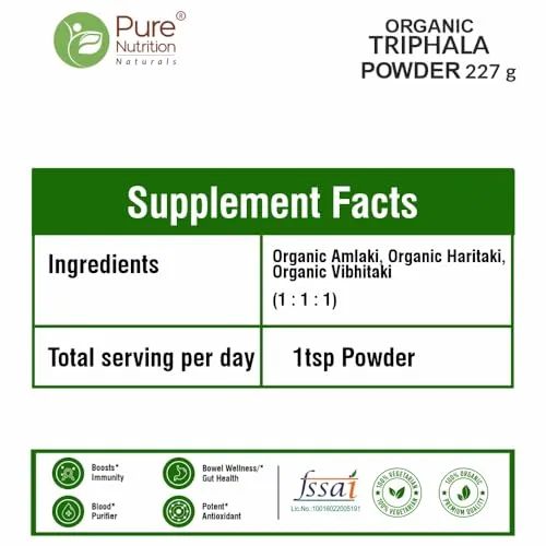Pure Nutrition Organic Triphala Fruits Powder | Supports Healthy Digestion & Bowel Wellness | Helps Relieve Constipation, Acidity, Bloating & Gas | USDA & India Organic Certified | Edible Quality - 227g