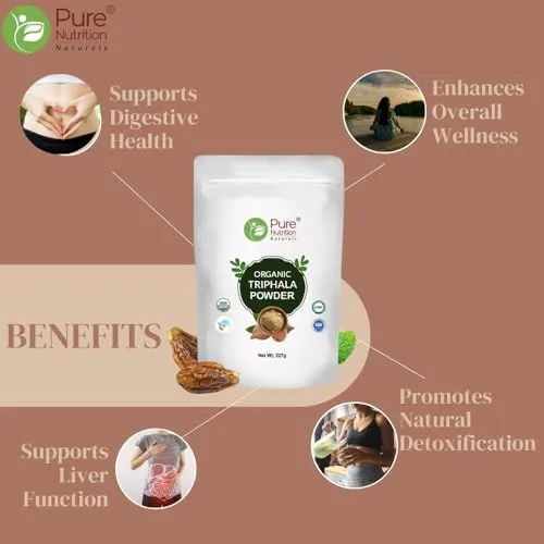 Pure Nutrition Organic Triphala Fruits Powder | Supports Healthy Digestion & Bowel Wellness | Helps Relieve Constipation, Acidity, Bloating & Gas | USDA & India Organic Certified | Edible Quality - 227g