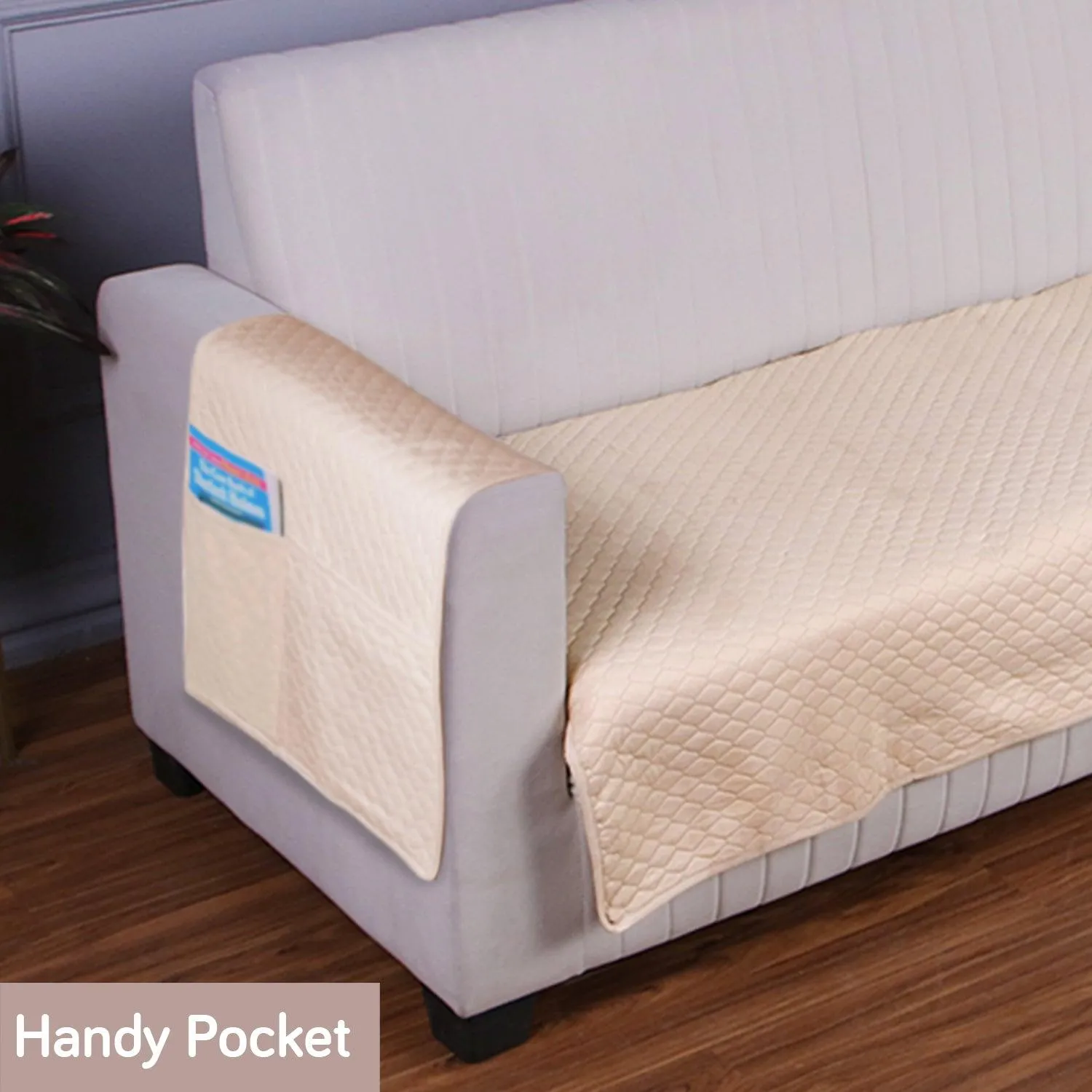 Quilted Sofa Cover Mat with 2 Armrest Covers Pockets, Beige