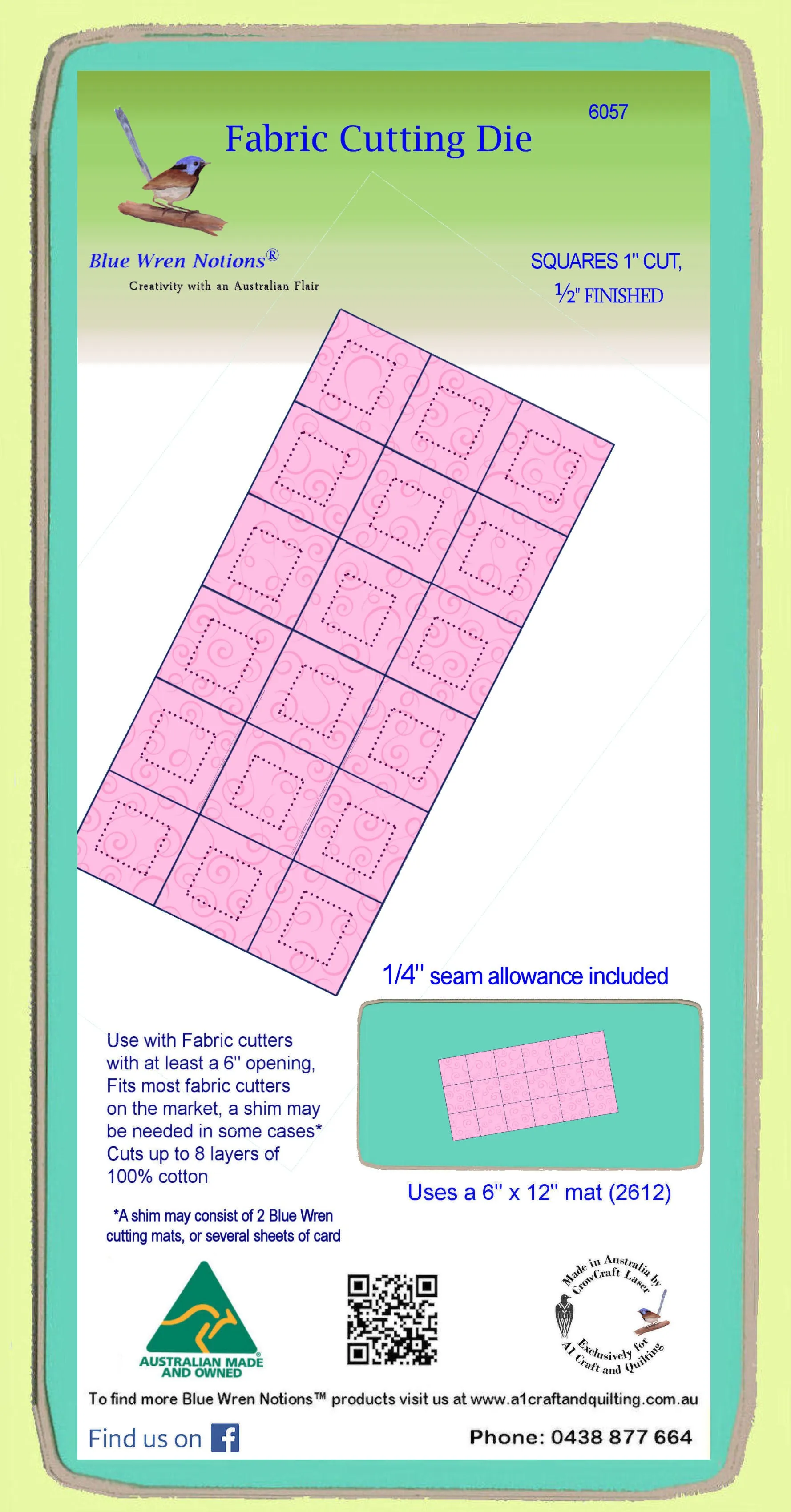 Squares 1" cut,  (½" finished) x 18 - 6057 - Blue Wren Cutting Die, Mat included