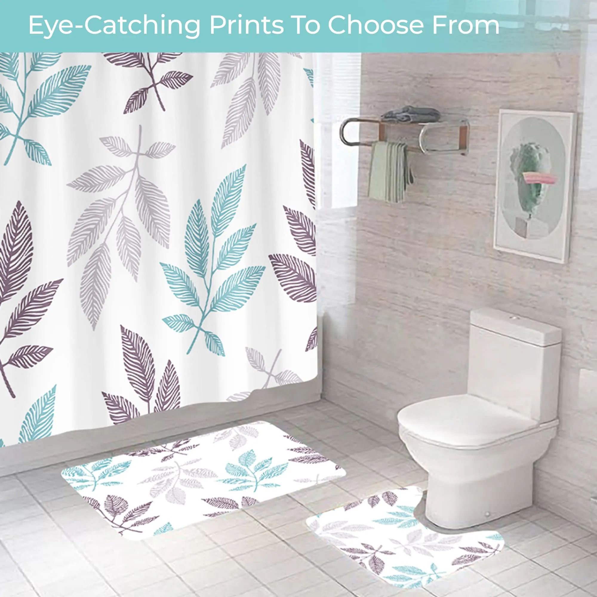 The Better Home Shower Curtain(180*180cm) Bathroom Mat(45*75cm) & U Shaped Mat(45*38cm) | 3Pcs Bathroom Accessories Set | Anti Skid Mat For Bathroom Floor | Water-Poof Polyester Material - Autumn