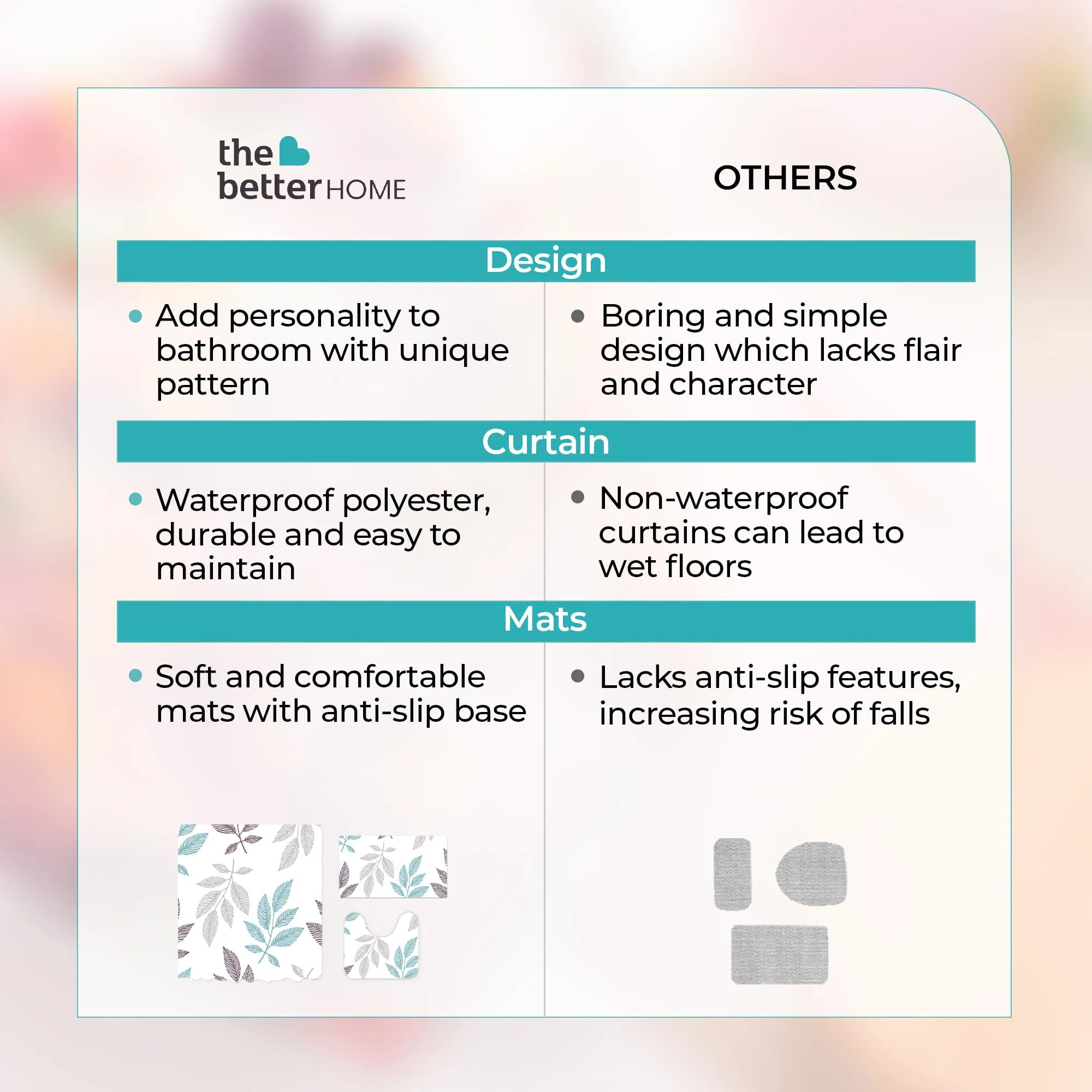 The Better Home Shower Curtain(180*180cm) Bathroom Mat(45*75cm) & U Shaped Mat(45*38cm) | 3Pcs Bathroom Accessories Set | Anti Skid Mat For Bathroom Floor | Water-Poof Polyester Material - Autumn