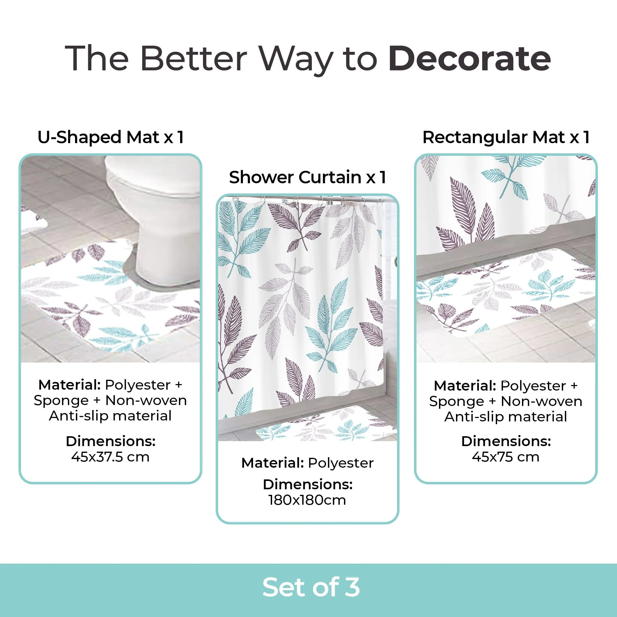 The Better Home Shower Curtain(180*180cm) Bathroom Mat(45*75cm) & U Shaped Mat(45*38cm) | 3Pcs Bathroom Accessories Set | Anti Skid Mat For Bathroom Floor | Water-Poof Polyester Material - Autumn