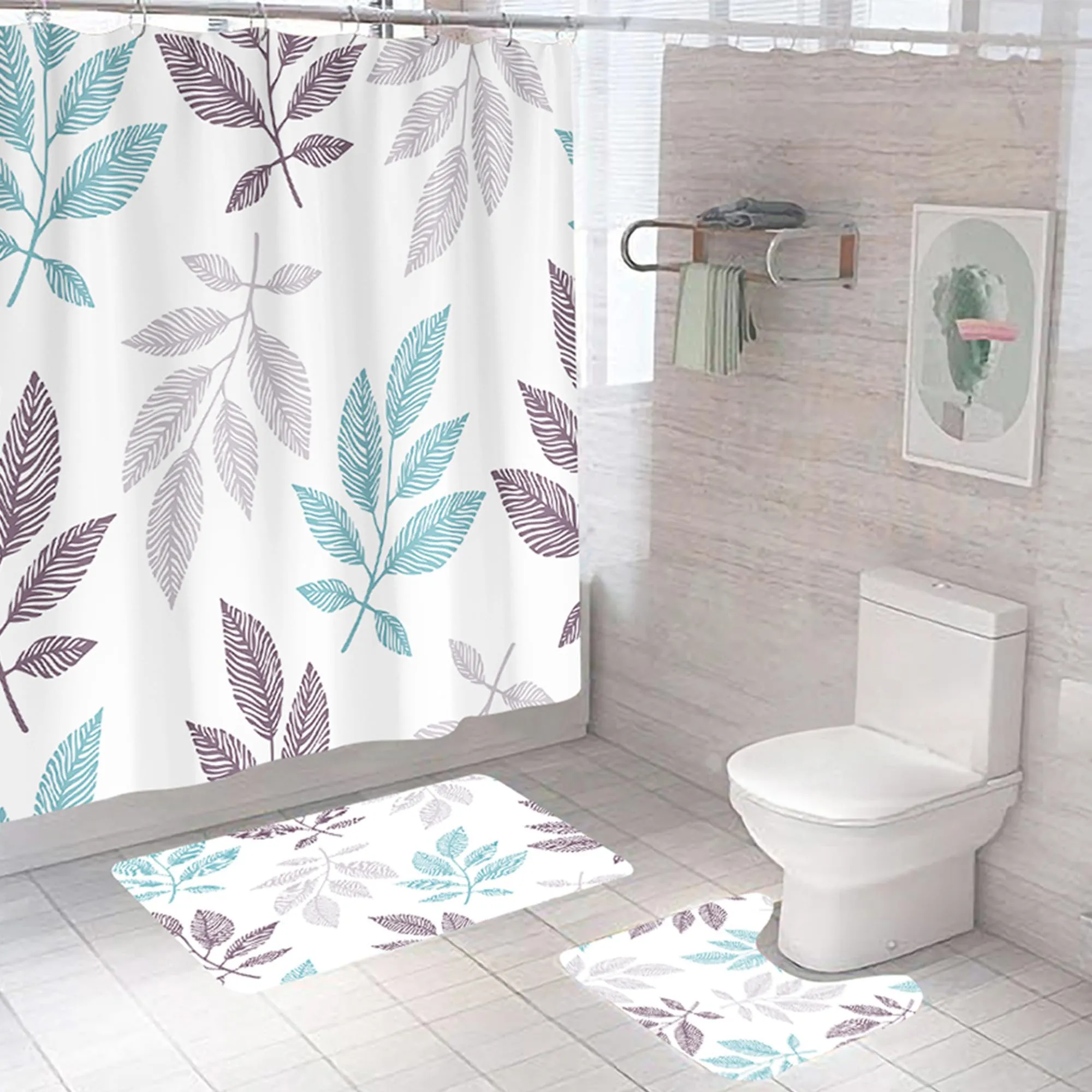 The Better Home Shower Curtain(180*180cm) Bathroom Mat(45*75cm) & U Shaped Mat(45*38cm) | 3Pcs Bathroom Accessories Set | Anti Skid Mat For Bathroom Floor | Water-Poof Polyester Material - Autumn
