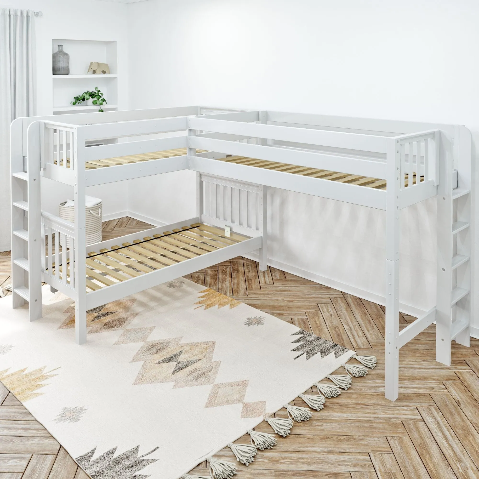 Twin Medium Corner Loft Bunk with Straight Ladders on Ends